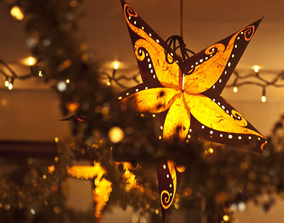 encendedor, negro, amarillo, adorno de estrella, navidad, luces de hadas, luces, decoración, celebración, temporada