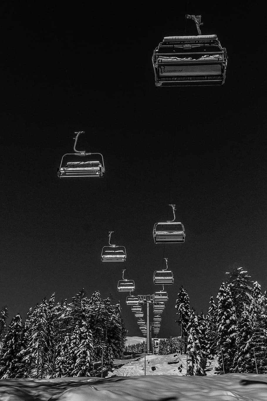 gray, chairlift lot, nighttime, ski, lift, winter, sport, mountain, snow, holiday