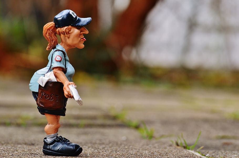 selective, focus photography, figurine, mailwoman, civil servant, letters, places to, delivery, shipping, messenger