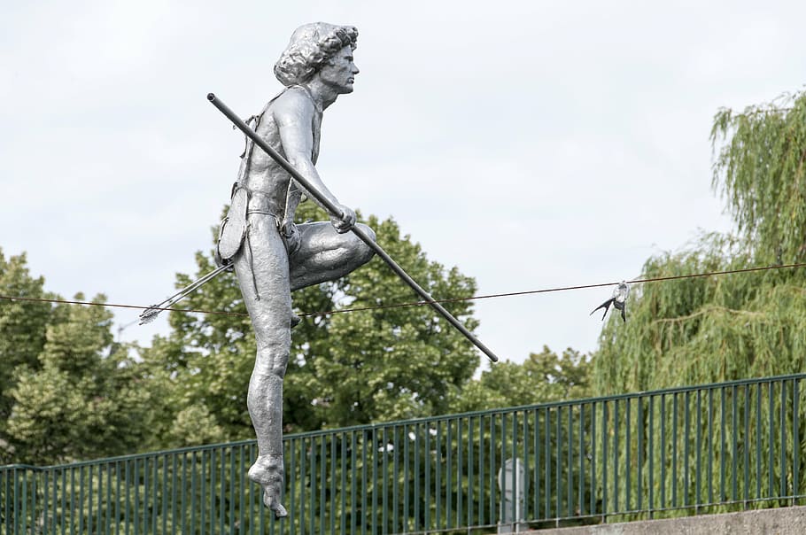bydgoszcz, tightrope walker, pole, spring, tree, plant, human representation, sculpture, statue, nature