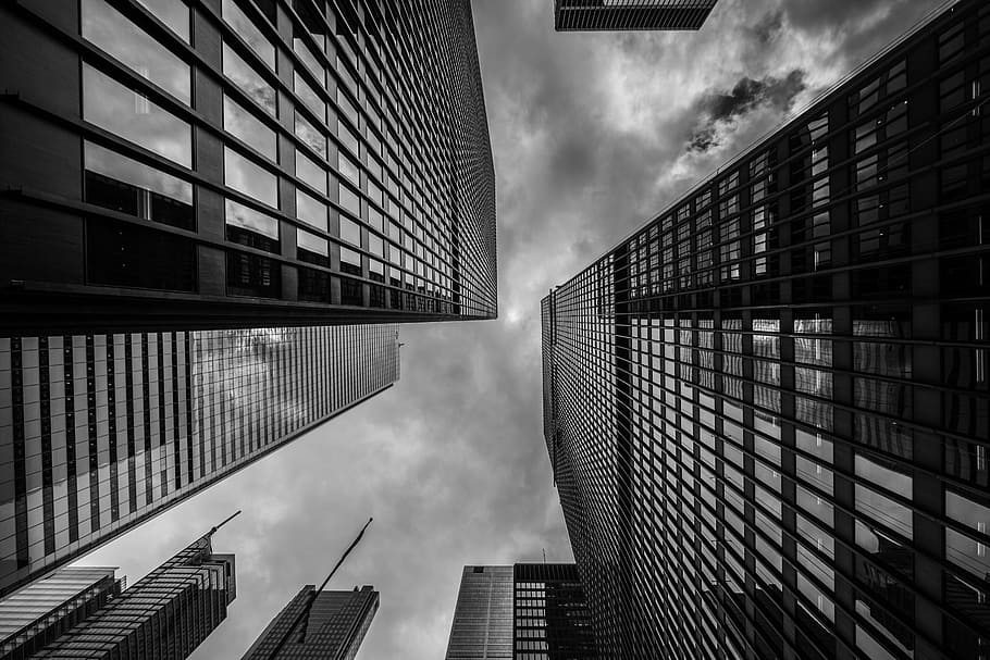 grayscale photo, highrise building, buildings, skyscrapers, perspective, black and white, downtown, architecture, view, towers