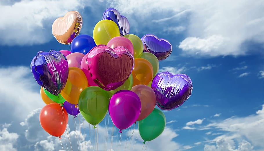 sortido, balão, nublado, céu, bolas, balões, borracha, plástico, voar, hélio