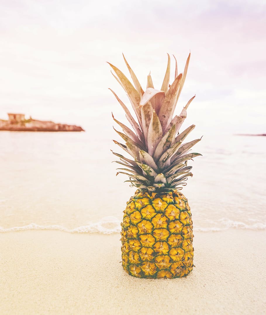 yellow, pineapple, shore, beach, bubbles, fruit, golden, rock, sand, summer