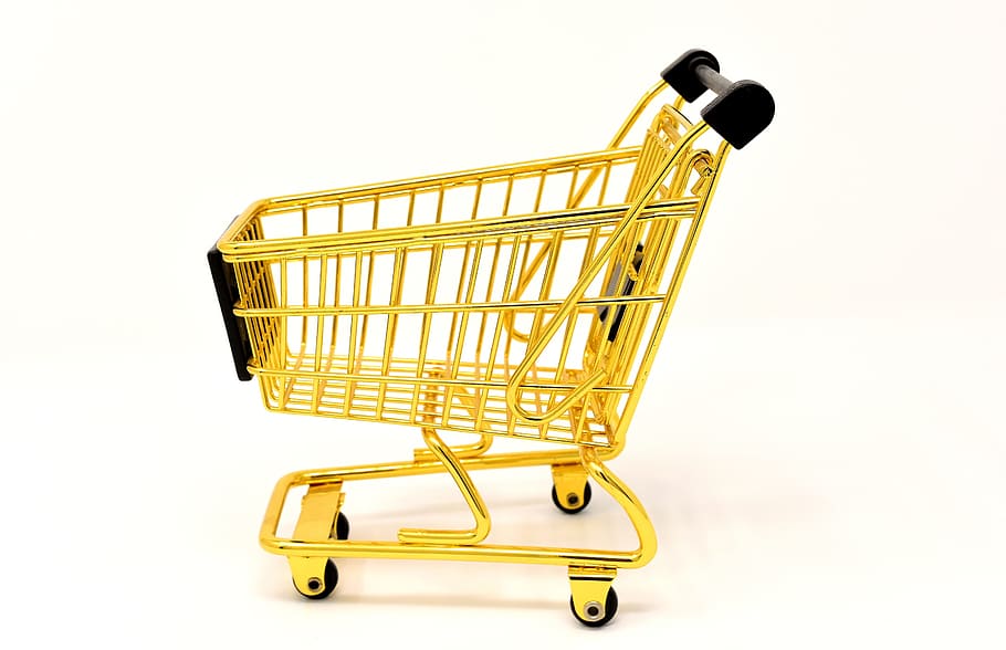 gold shopping cart, placed, white, floor, shopping cart, shopping, purchasing, candy, trolley, shopping list