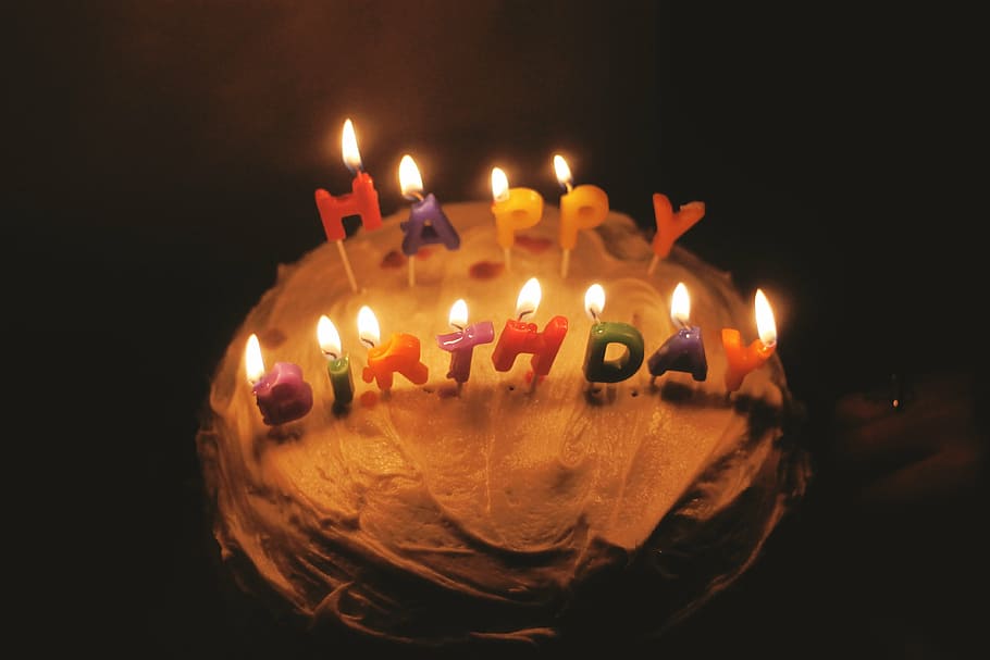 laranja, bolo, multicolorido, feliz, velas de aniversário, chamas, aniversário, bolo de aniversário, velas, festa de aniversário