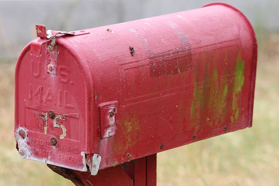 caixa de correio, americana, vermelho, enferrujado, ferrugem, enviar, mensagem, correspondência, comunicação, cargo