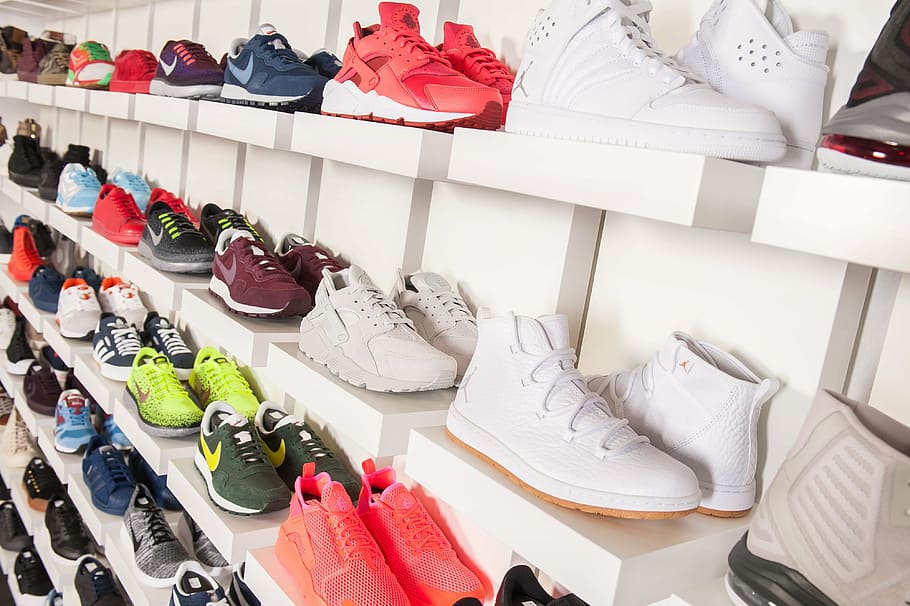 pair, assorted-color sneakers, shelf, school aden, sneakers, shoes, spot shoes, large group of objects, variation, shoe