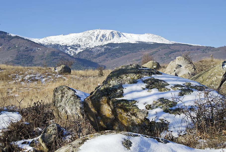 snow, rocks, moss, mountain, landscape, winter, summit, bulgaria, sofia, vitosha