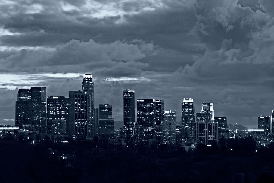 grayscale, aerial, view photography, city, black and white, los angeles, la, california, black, white