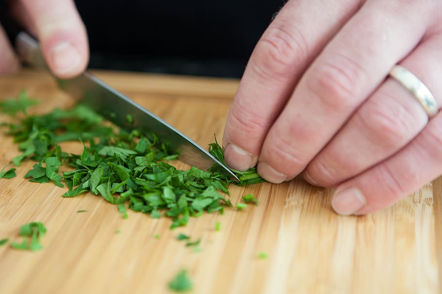 hands, chopping, herbs, knives, hand, food, knife, cut, chef, cooking
