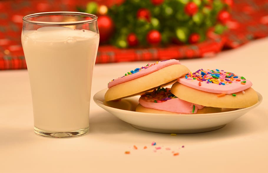 milk, cookies, white, plate, christmas, santa, festive, snack, biscuit, beverage