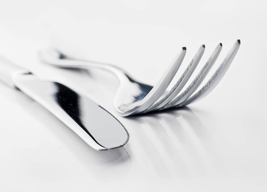 cerrar, foto, gris, tenedor, cuchillo de pan, cuchillo y tenedor, mesa, restaurante, conjunto, almuerzo