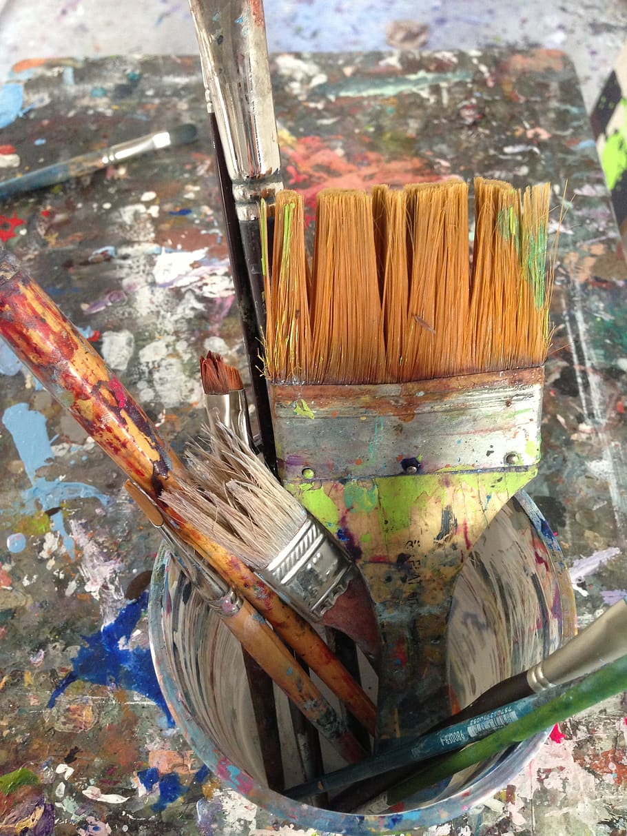 assorted, paint brushes, plastic pail, paint brush, paint, brush, creativity, colorful, art, paintbrush