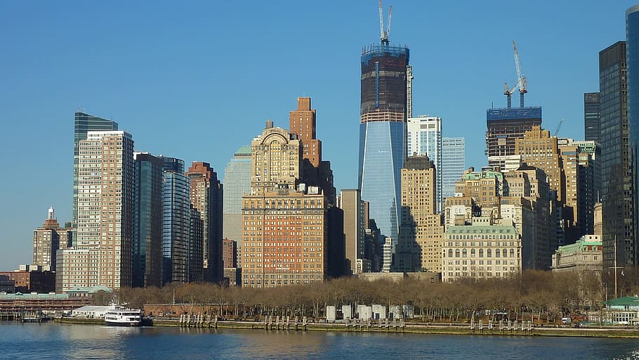 Nueva York, ciudad, Staten Island Ferry, World Trade Center, horizonte, Hudson, Manhattan, ferry, arquitectura, rascacielos