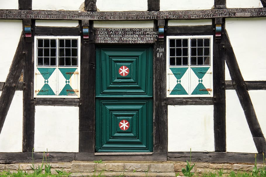 building, home, door, truss, fachwerkhaus, entrance door, window, green, bar, inscription