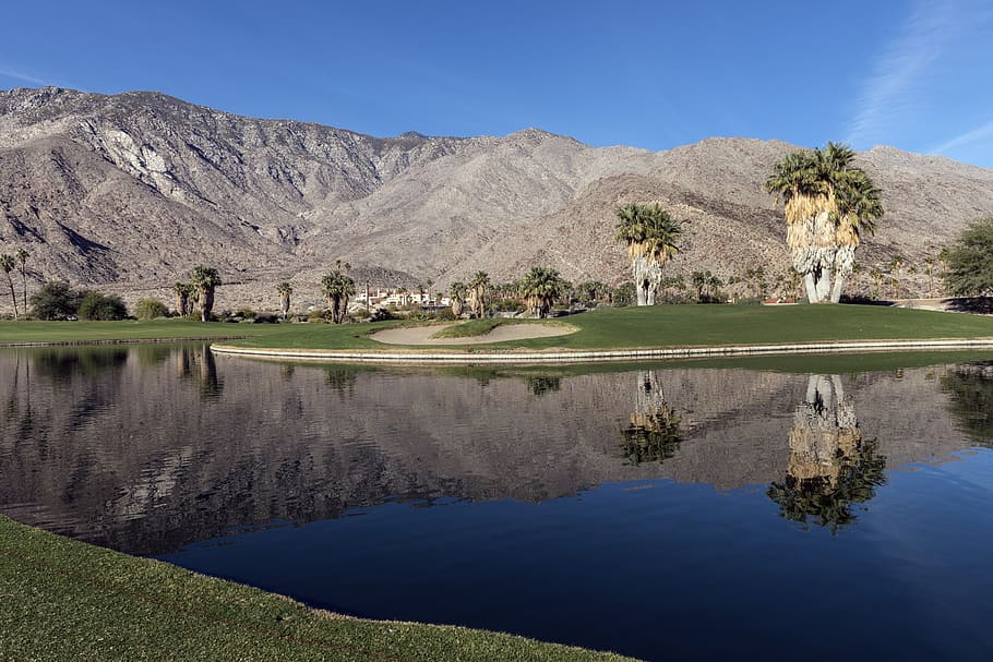 campo de golf, fuente de agua, desierto, cañones indios complejo de golf, palm springs, california, estados unidos, aire libre, recreación, montañas