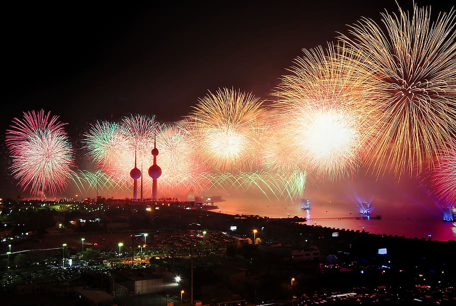 tampilan kembang api, siang hari, kuwait, kembang api, layar, lampu, malam, cahaya, perayaan, cerah