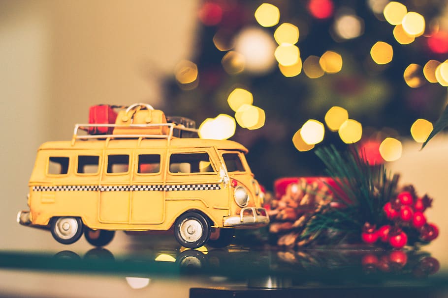yellow, van, christmas, bokeh, candle, car, celebration, children toys, decor, decorations