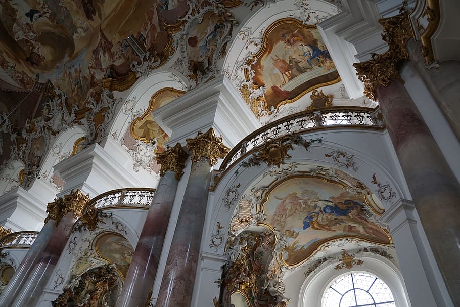 low, angle photography, ceiling, painting, church, zwiefalten, religion, building, baroque, faith