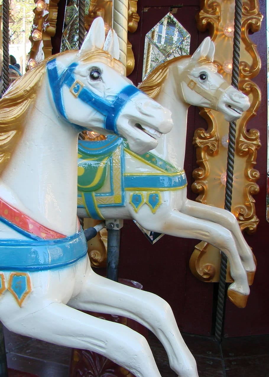 Horses, Wooden, Carousel, Retro, nostalgic, merry-go-round, vintage, colorful, fun, childhood