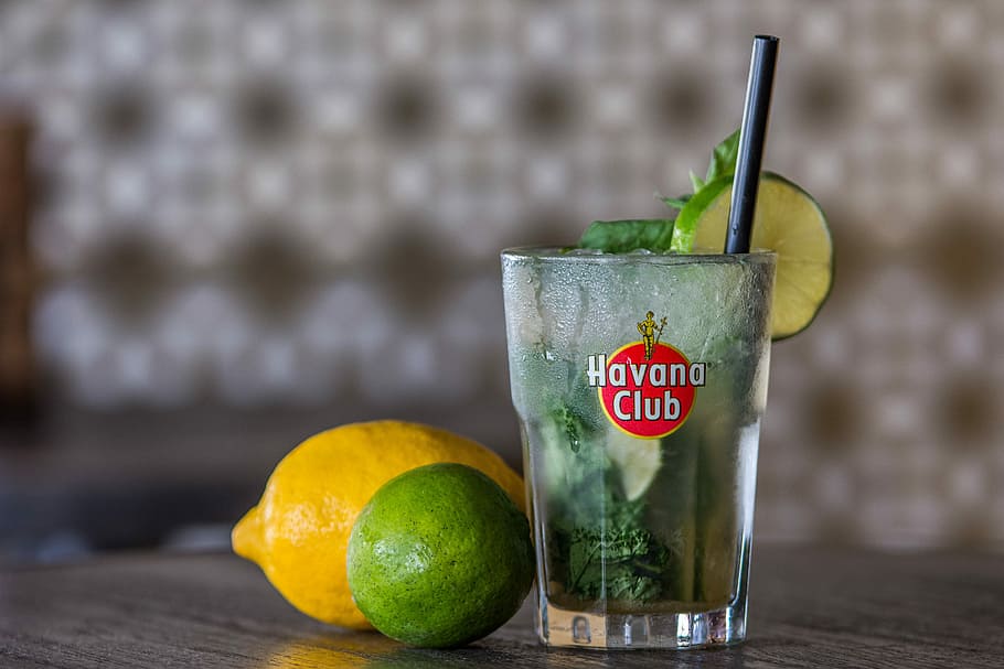 havana club drinking glass, lemon, lime, table, Mojito, Alcohol, Glass, Drink, coctail, cocktail