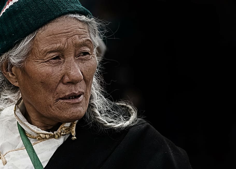closeup, woman, wearing, black, hat, the old man, tibet, vicissitudes, senior adult, one senior man only