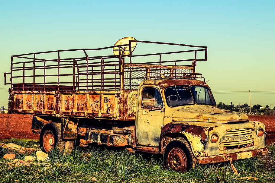 old car, truck, lorry, vehicle, abandoned, rusty, aged, weathered, countryside, dodge