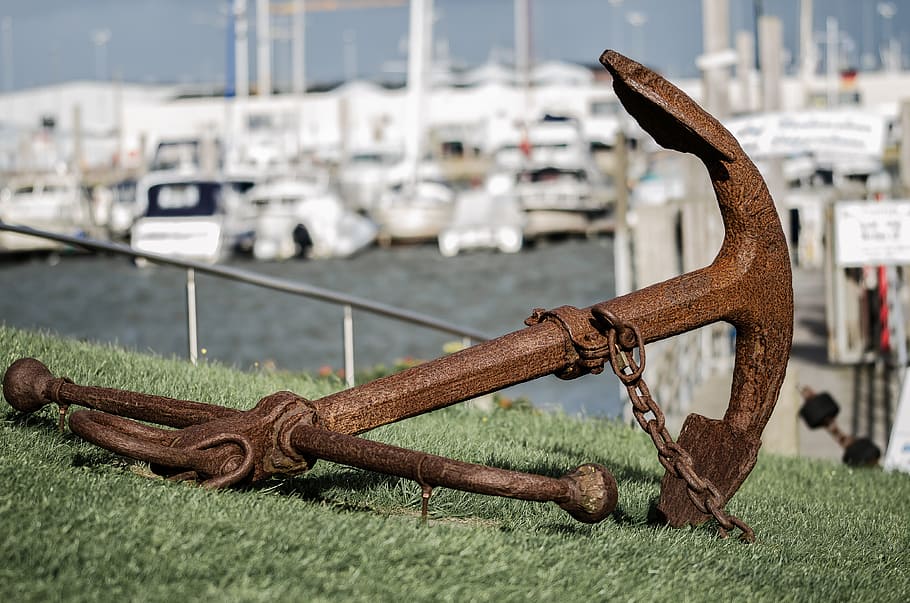 brown, metal anchor, green, grass, shipping, anchor, ship, port, old, boot