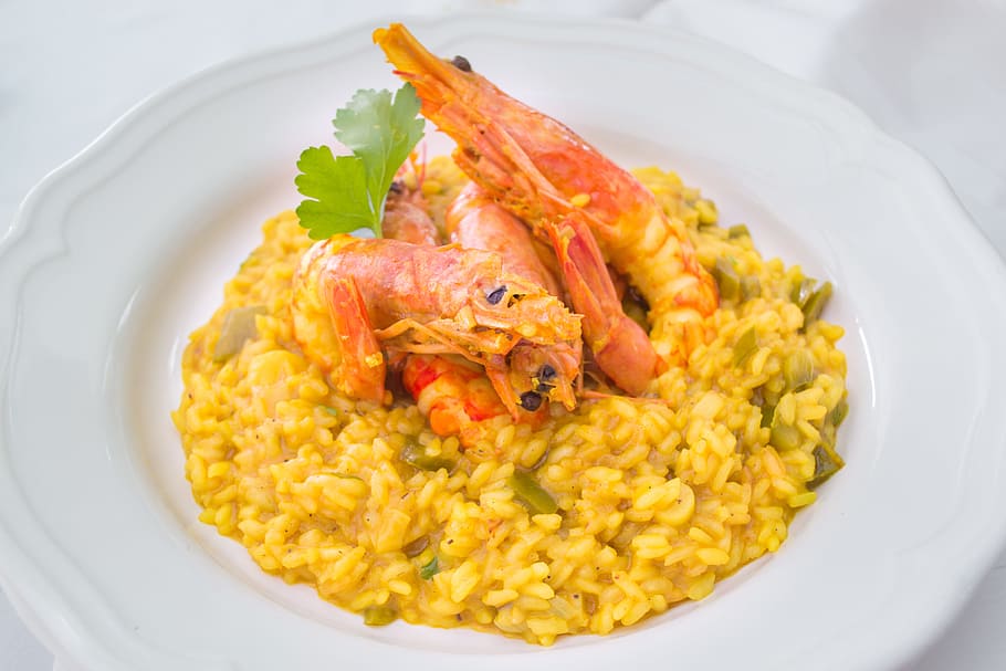shrimp dish, food, risotto, saffron, shrimps, prawns, sea food, rice, cuisine, dinner