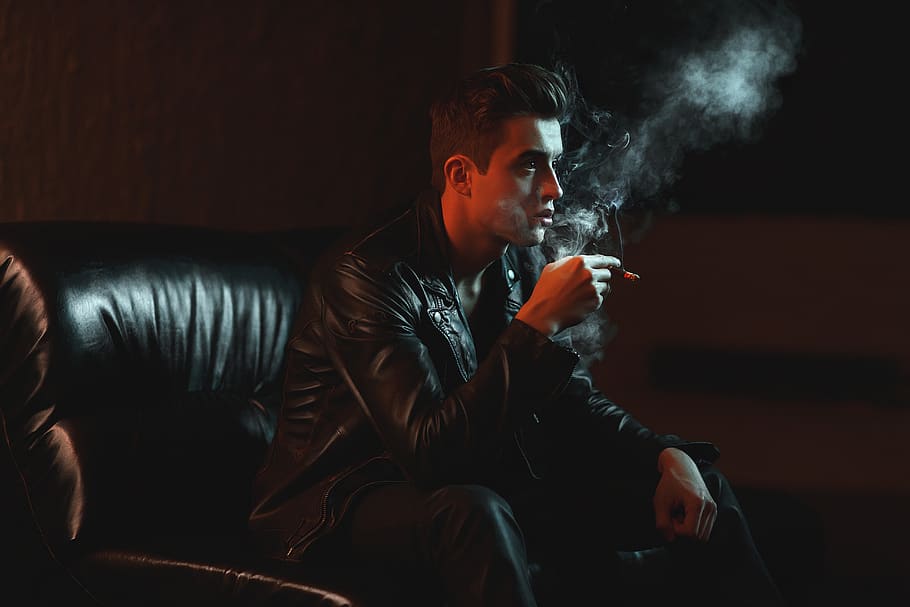 young man, portrait, men's, drama, smoking, smoke, leather jacket, rough, smoking issues, smoking - activity