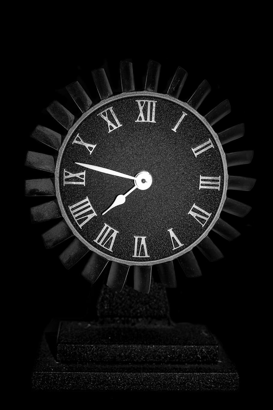 black, white, analog clock reading, 7:47, clock, engine, old, aircraft, metal, hard