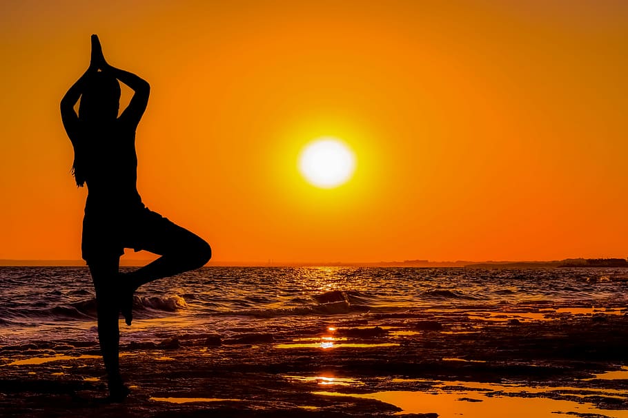 silhouette, woman, standing, seashore, girl, sunset, sea, meditation, exercise, fitness