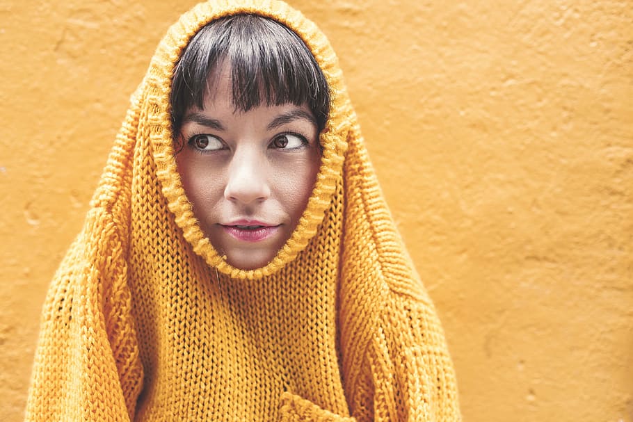 women, wearing, yellow, knitted, shirt, leaning, wall, people, whimsical, lazy