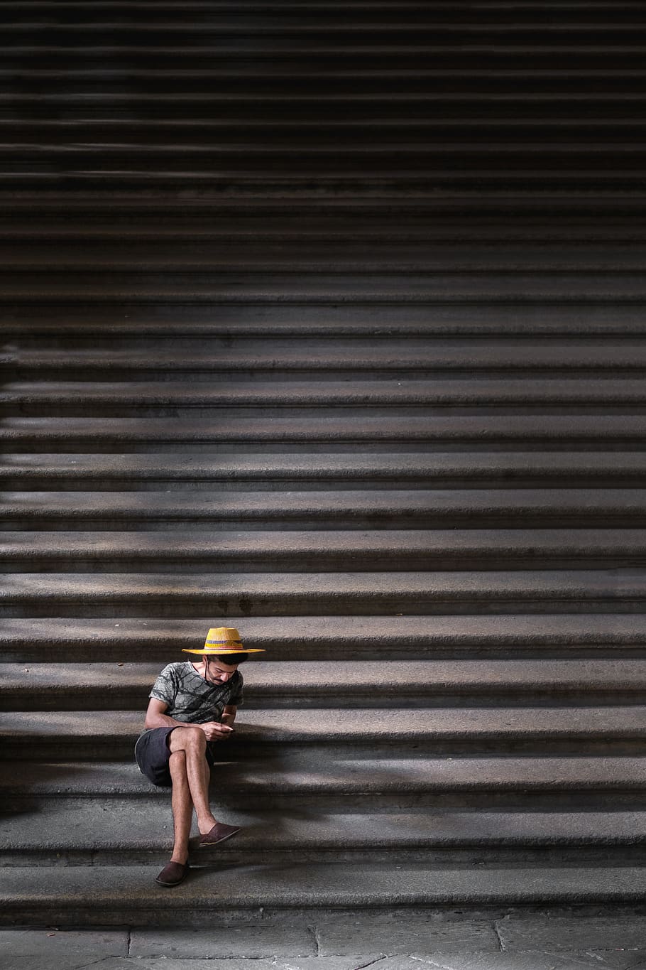stairs, stairway, people, man, alone, sitting, texting, one person, full length, architecture