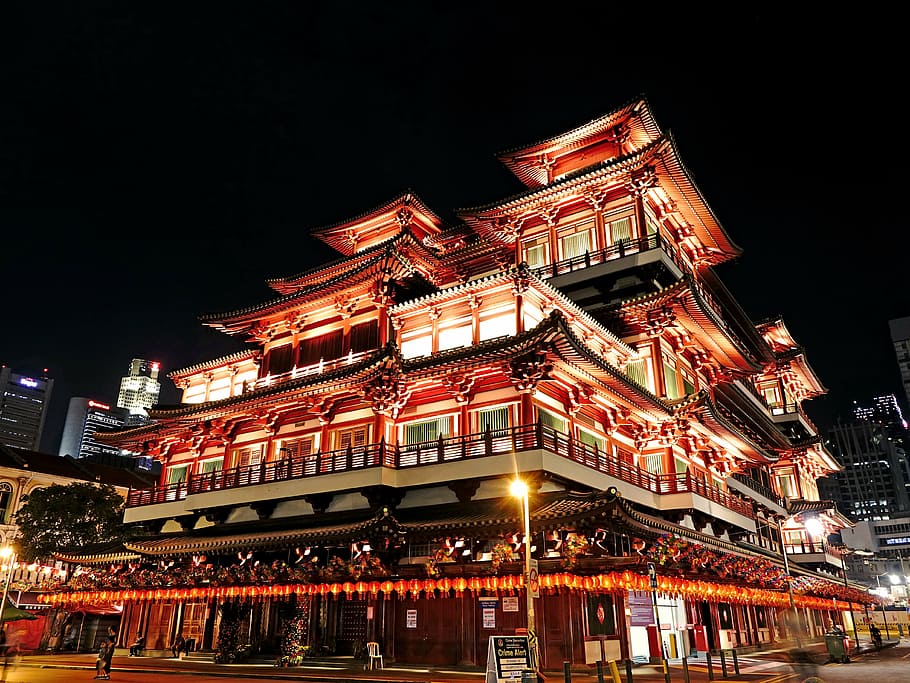 brown, wooden, temple, lights, buddha tooth relic temple, singapore, chinatown, buddhism, night, lighting