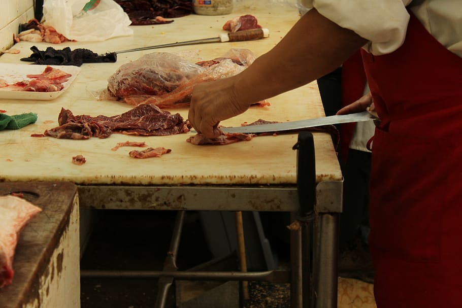 butcher, meat, food, raw Food, cooking, cutting, people, market, preparation, working