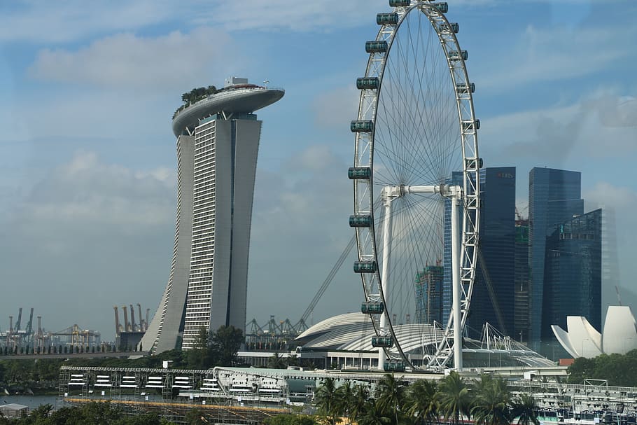 singapore, city, marina bay sands, wheel, casino, highrise, built structure, architecture, sky, cloud - sky