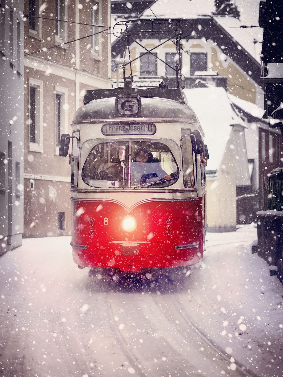 red, gray, peak tram, snowy, day, road, transport system, city, winter, vehicle