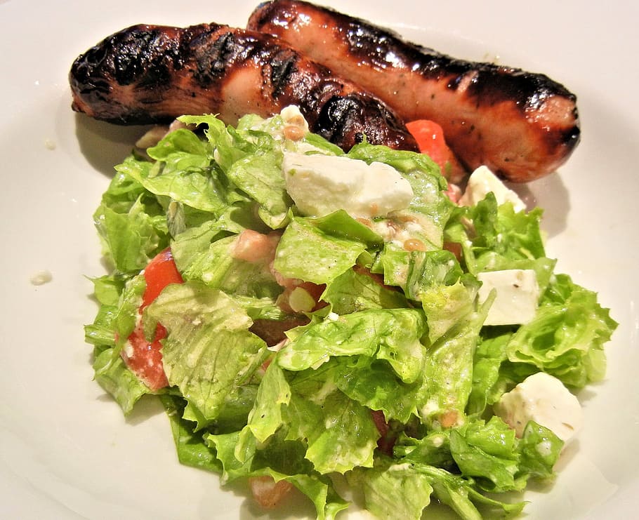 bbq sausage, green salad, feta cheese, food, food and drink, vegetable, ready-to-eat, freshness, healthy eating, plate