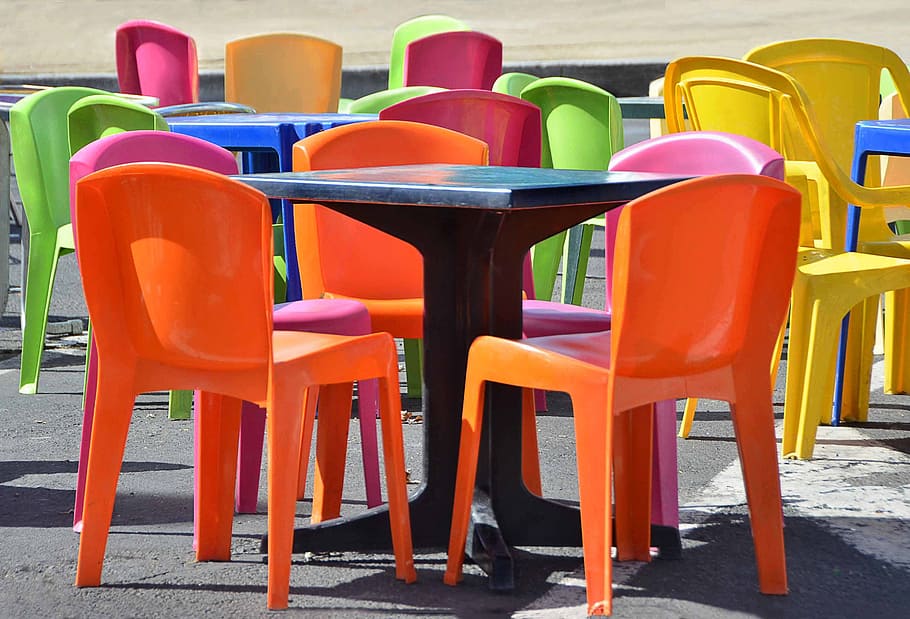 tables and chairs, color, coffee terrace, seat, chair, in a row, empty, multi colored, absence, vibrant color