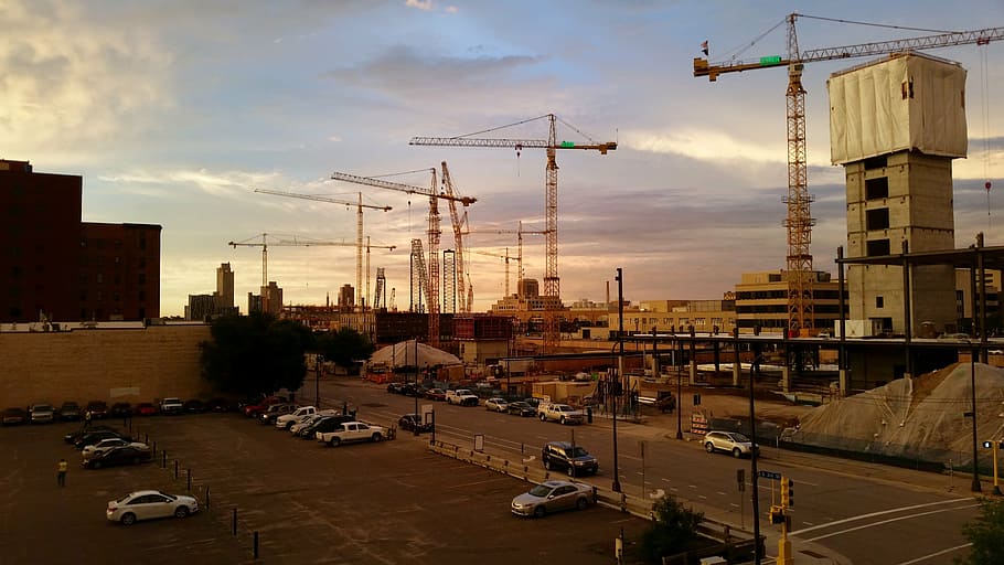 cranes, construction, building site, minnesota, usa, scaffolding, machinery, city, building, concrete