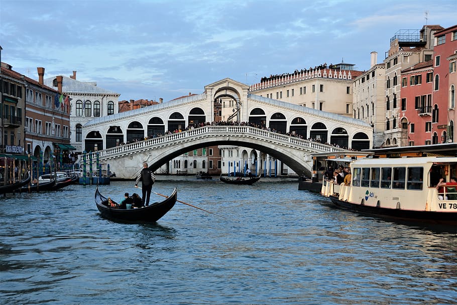 italy, venice, rialto bridge, gondola, architecture, tourism, travel, grand canal, nautical vessel, transportation