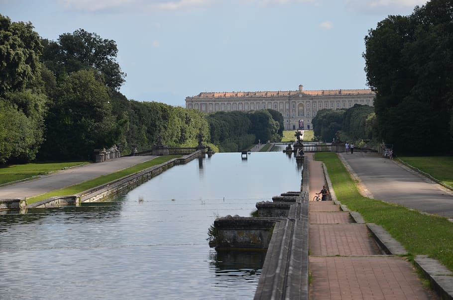 the royal palace of caserta, campania, italy, water, tree, architecture, plant, built structure, sky, nature