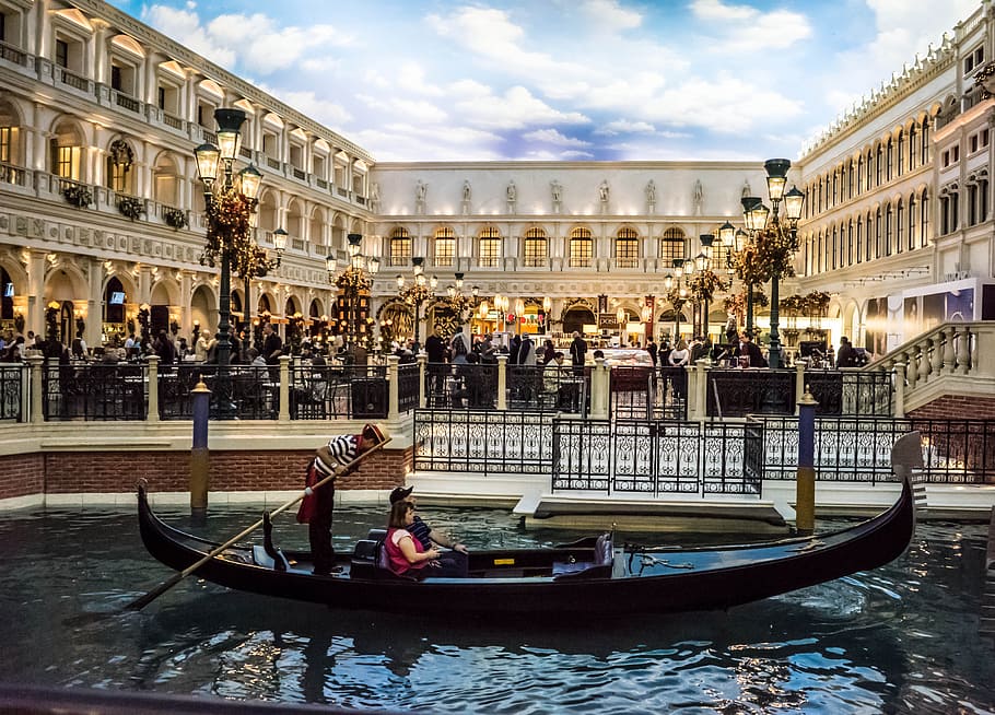couple, gondola boat, concrete, building, Venetian, Las Vegas, Gondola, Christmas, venetian, las vegas, canal