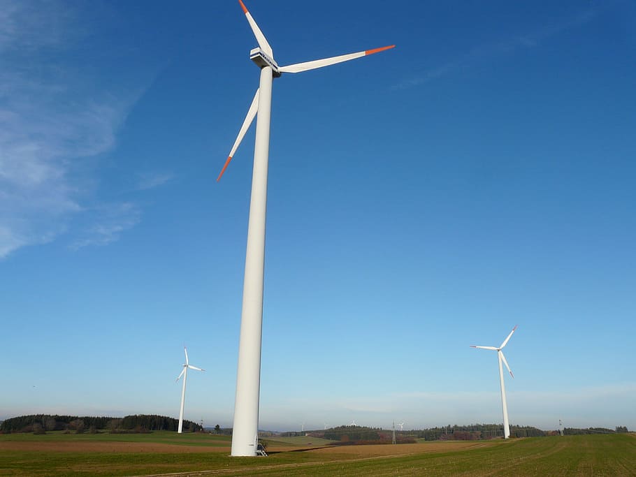 three, wind turbines, green, grass field, wind turbine, wind energy, wind power, energy, current, power generation
