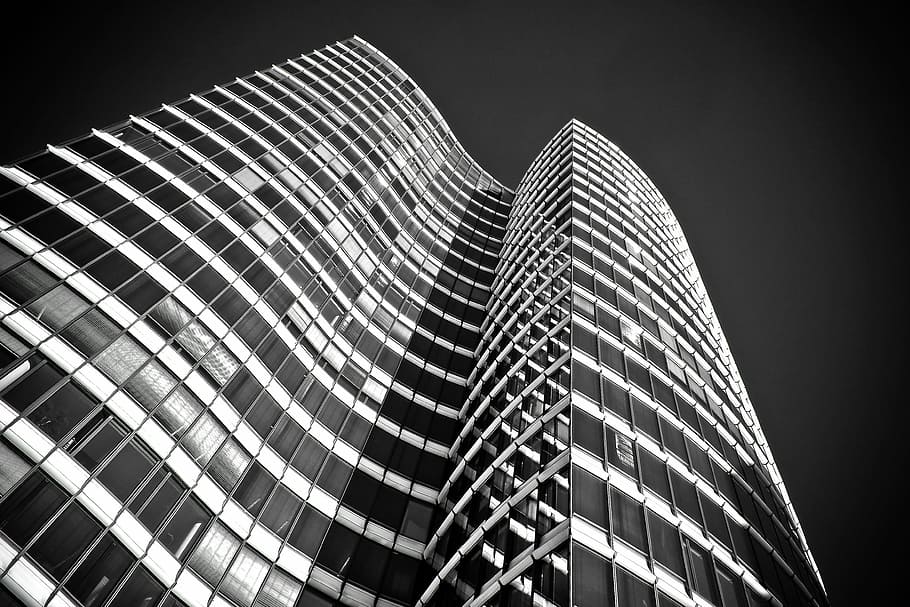worm, eye view, building, architecture, skyscraper, glass facades, modern, facade, düsseldorf, city