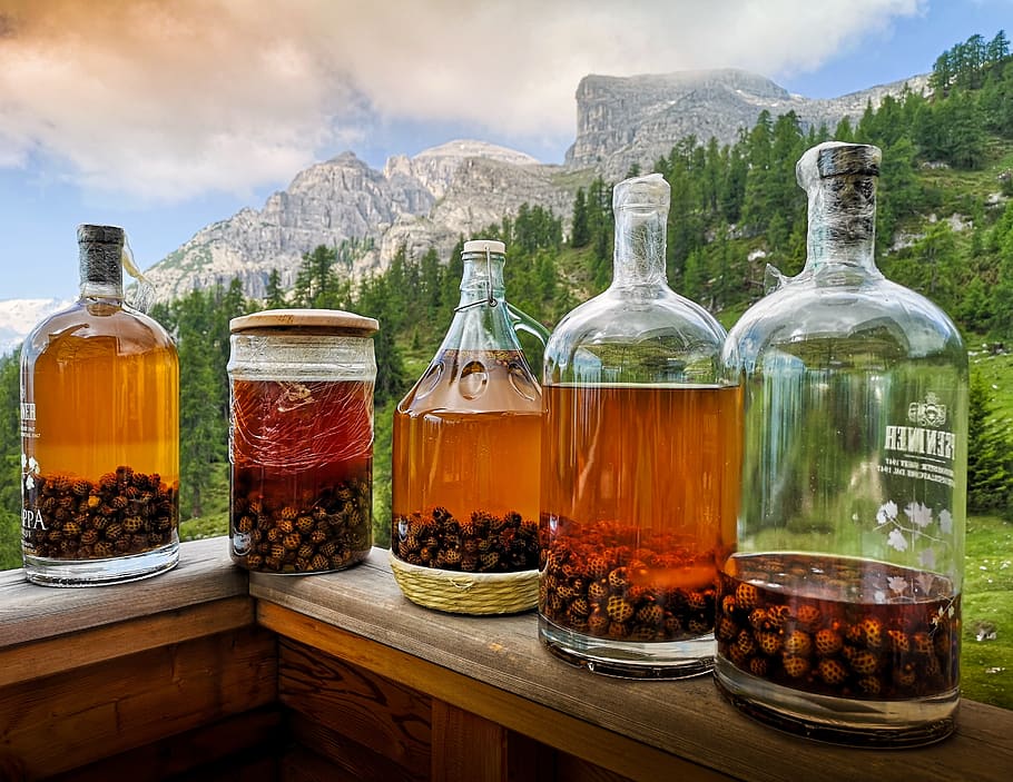 grappa, bottles, liquor, distillate, mugo pine, pine cones, seasoning, yeast, mountain, alcohol