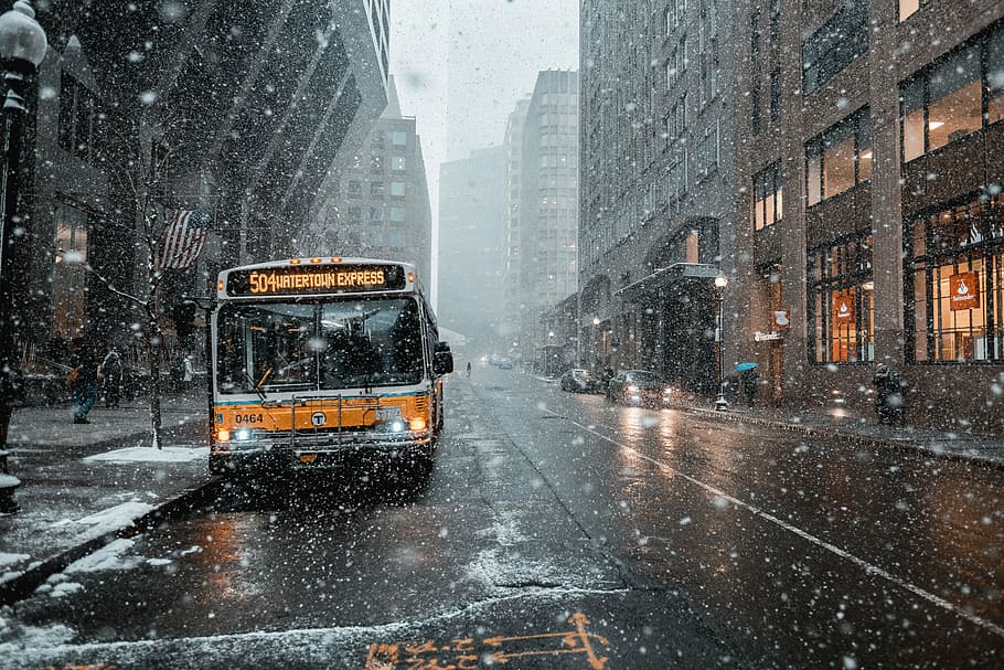 yellow, bus pars, sidewalk, snow weather, architecture, building, infrastructure, city, urban, road