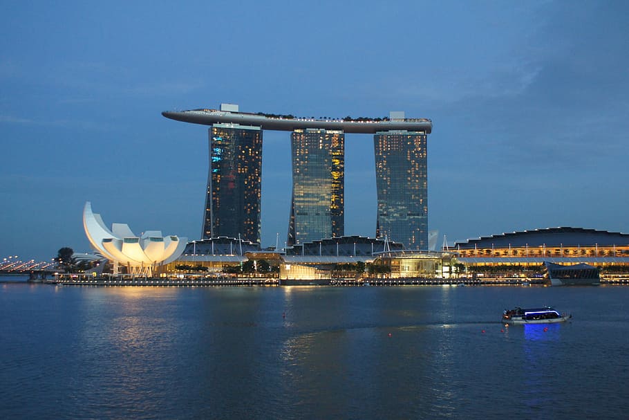 Singapur, Arquitectura, Marina Bay Sands, Asia, noche, moderno, edificio, rascacielos, hotel de lujo, turismo