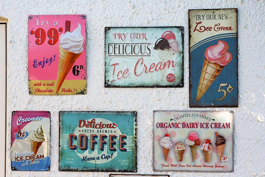 assorted, ice cream-themed posters, sign, vintage, ice cream, retro, vintage sign, decoration, emblem, antique